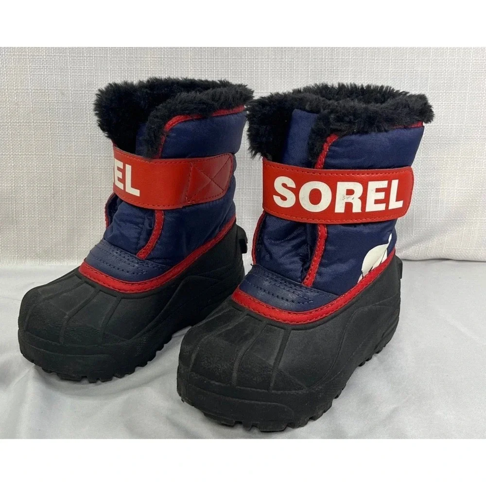 Sorel Kids Snow Commander Boots Navy Blue Red Black NC1960-591 Size 8 Toddler